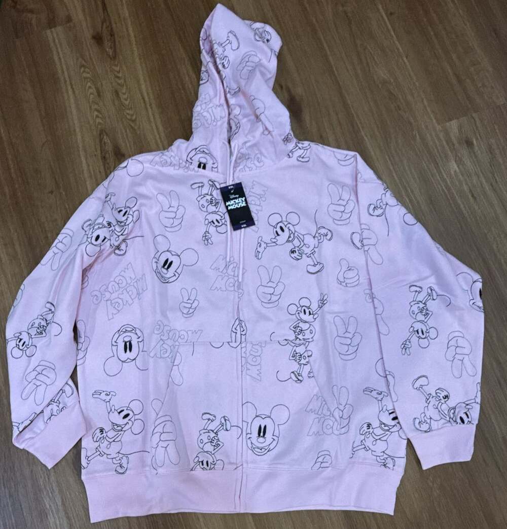 Disney Mickey Mouse Full Zip Hoodie Size XXL Pink All Over Print Fleece NWT